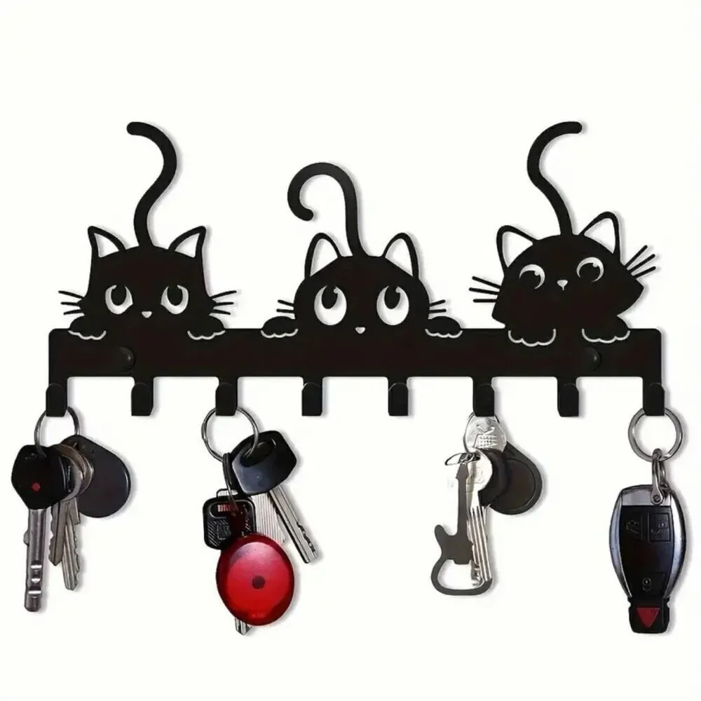 NWT Gorgeous 3 Black Cats Design Metalic 8 Hooks Wall Mount Key Holder Organizer
